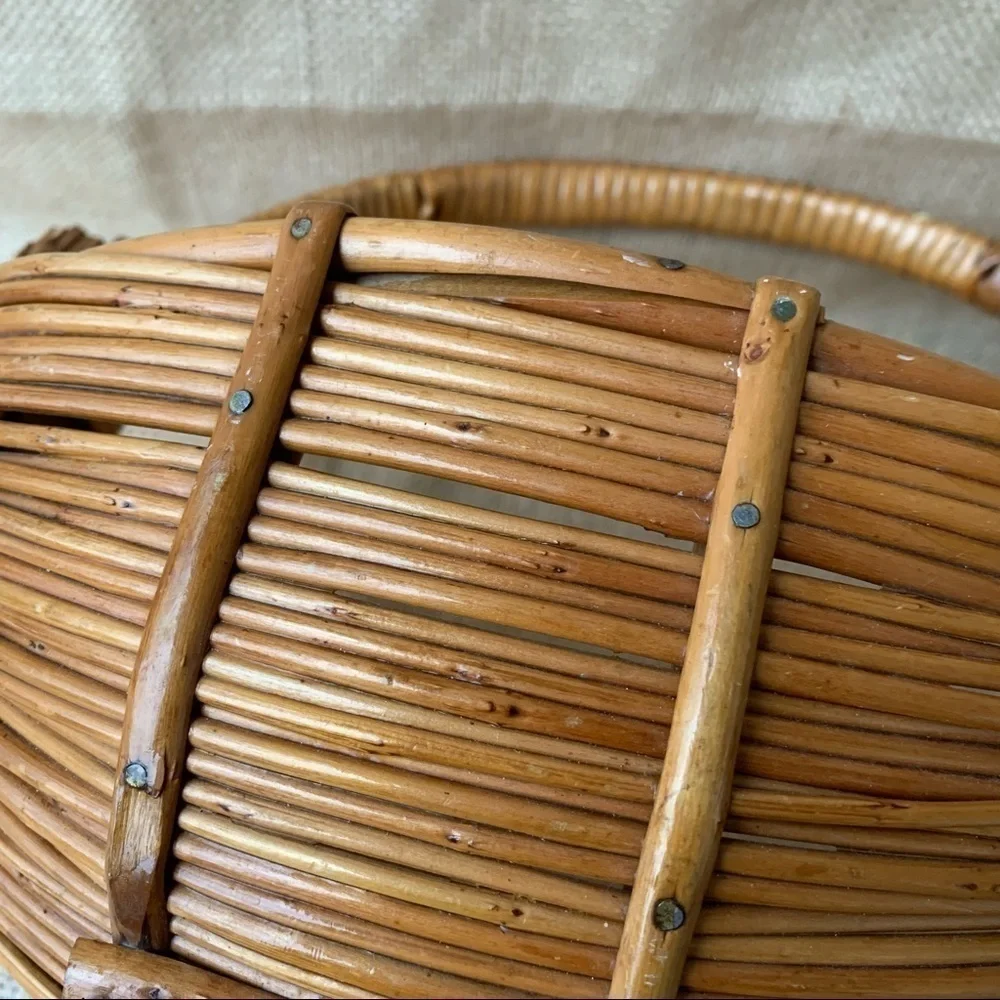 Vintage Handmade Bamboo Rattan Gathering Egg Basket Boho Farmhouse